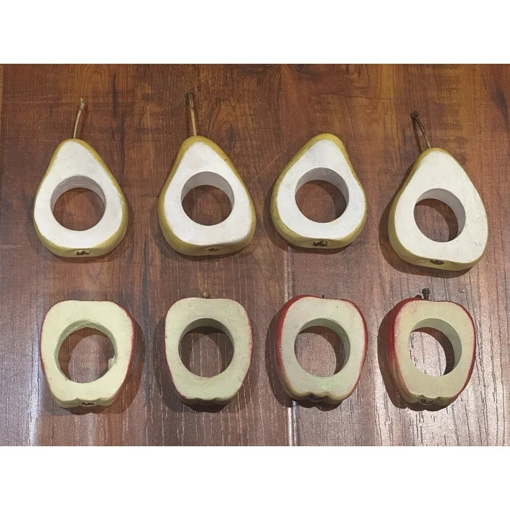 Set of (8) Vintage CRATE & BARREL Wooden Apples & Pears Napkin Rings